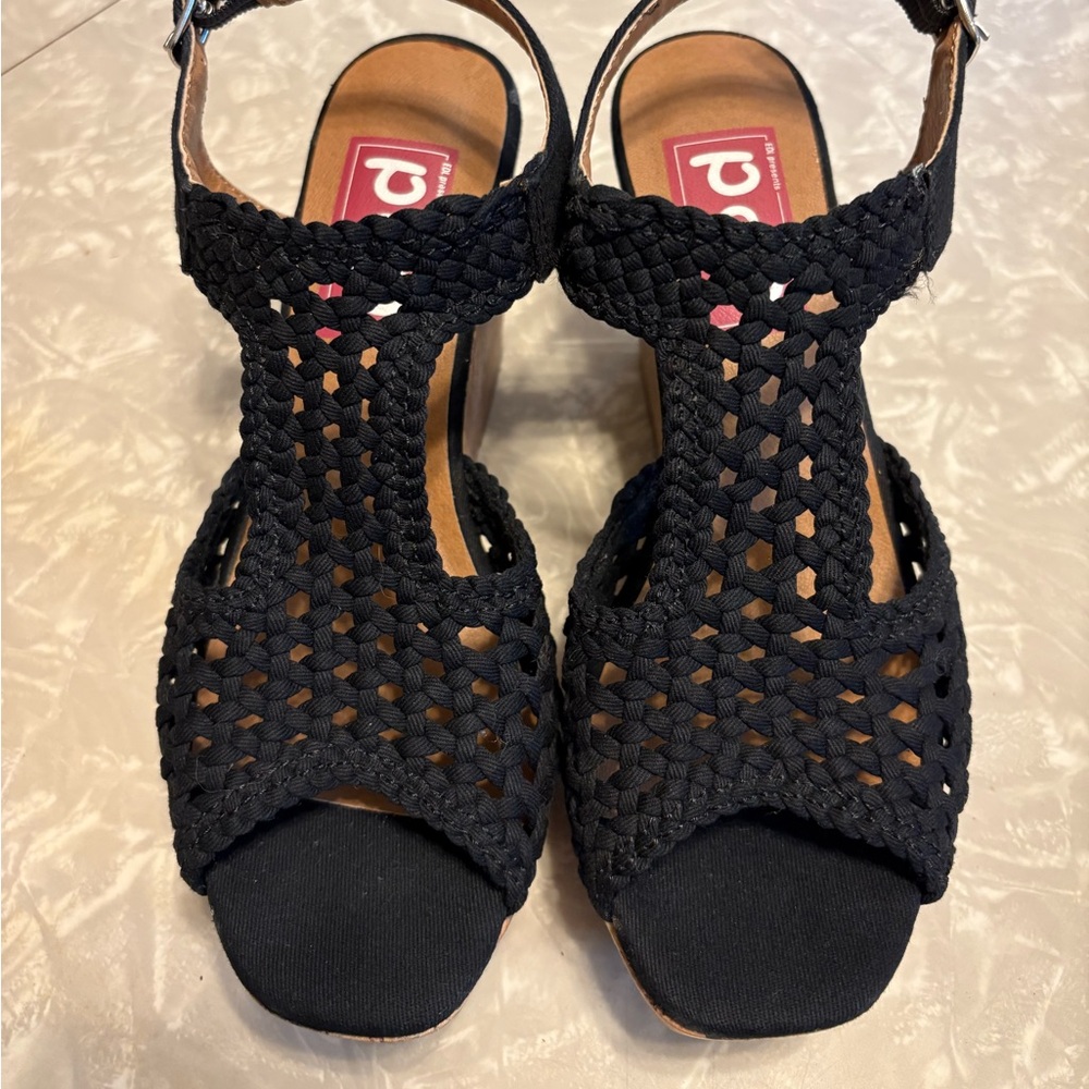 Women's Black Woven Wedge Sandals
